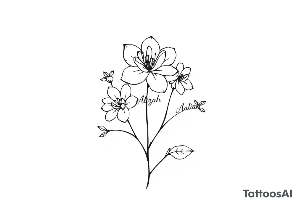 mother of 3 girls flowers names in stem of flower Addy, Alizah, Aaliyah tattoo idea