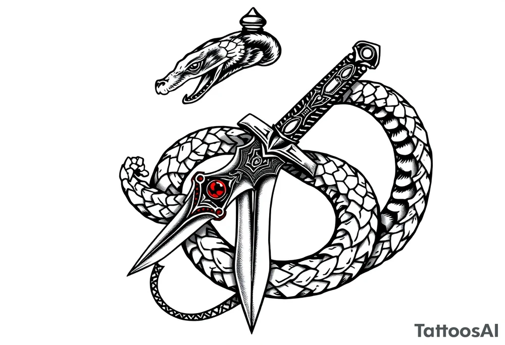 mystical snake coiled around an ancient dagger with jeweled hilt tattoo idea