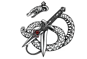 mystical snake coiled around an ancient dagger with jeweled hilt tattoo idea