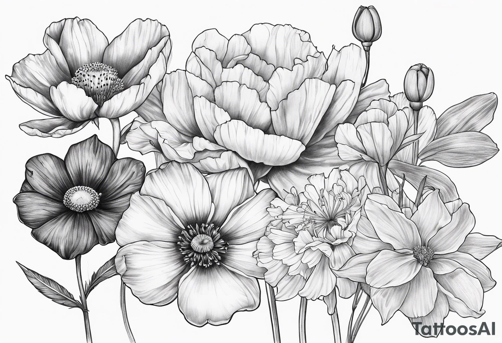 1 cosmos flower, 1 iris, larkspur, 1 daisy, 1 poppy tattoo idea