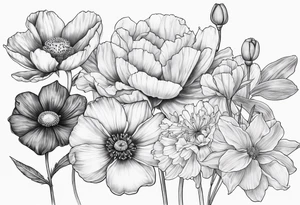 1 cosmos flower, 1 iris, larkspur, 1 daisy, 1 poppy tattoo idea