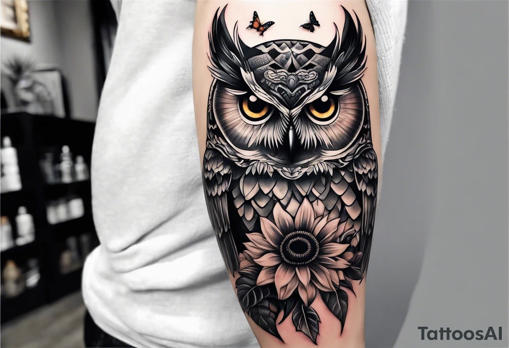 Small owl with butterfly and sunflower leg sleeve tattoo idea