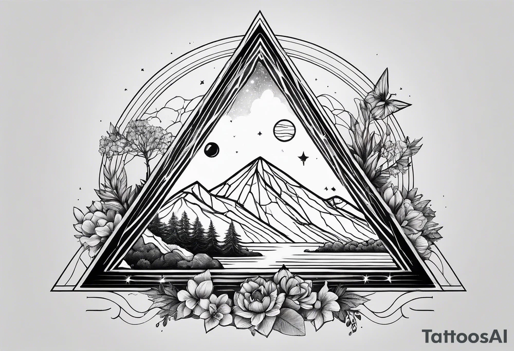 thick line art of space and nature in triangle shape tattoo idea