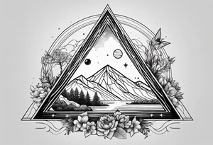 thick line art of space and nature in triangle shape tattoo idea