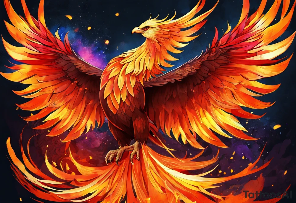 beautiful phenix, rising from fire and ash, signaling rebirth, renewal, beautiful, intricate, orange, red, deep red, bright orange, light yellow,. dark yellow, tattoo idea