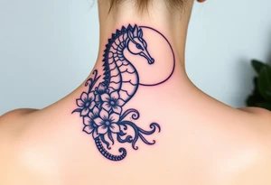 Sea horse flowers moon waves tattoo idea