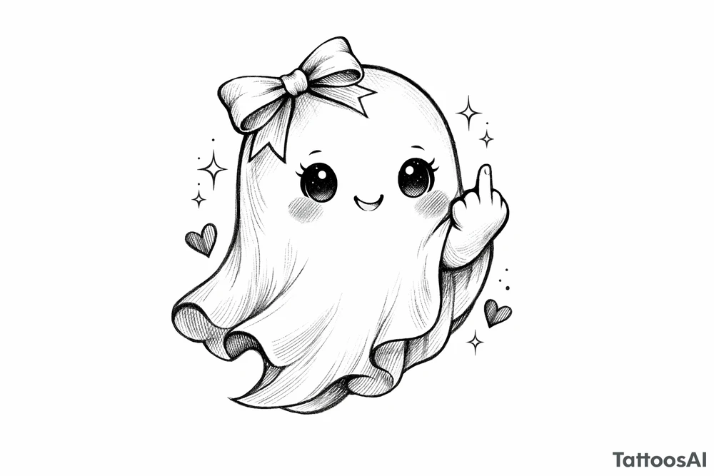 A kawaii ghost with a ribbon bow, playfully flipping the bird, soft shading. tattoo idea