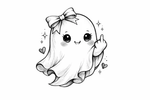 A kawaii ghost with a ribbon bow, playfully flipping the bird, soft shading. tattoo idea