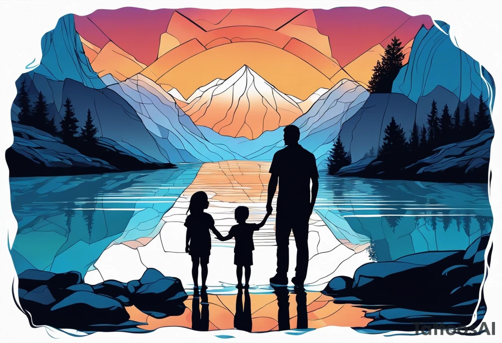 Silhouette of father standing in between daughter and younger son in front of water with reflection and waterfall with that water only being blue tattoo idea