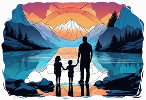 Silhouette of father standing in between daughter and younger son in front of water with reflection and waterfall with that water only being blue tattoo idea