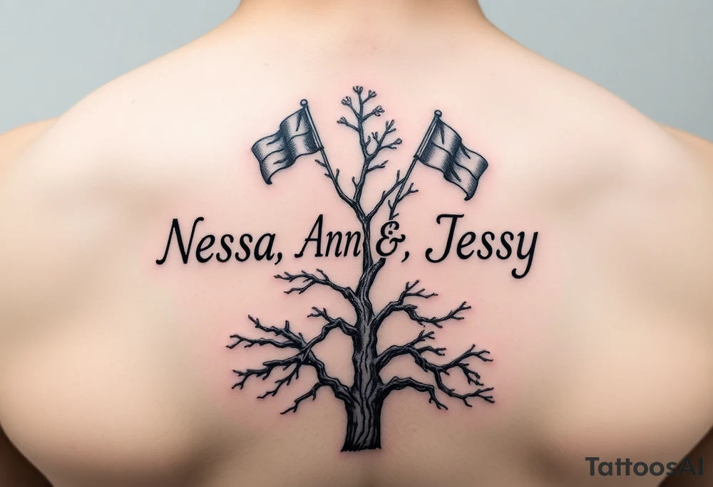 the name Nessa, Anne, Jessy as flags on a live tree tattoo idea