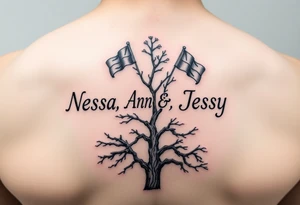 the name Nessa, Anne, Jessy as flags on a live tree tattoo idea