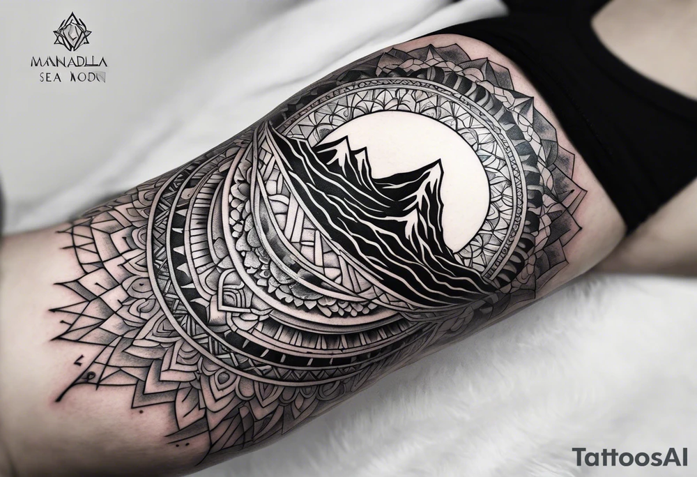 Rectangular arm tattoo around whole upper arm. Mandala inspired Design. Mountains, sea, Sky and moon are depicted. But everything seems to be turned around tattoo idea