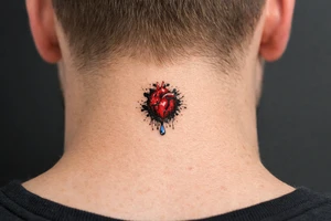 Anatomical heart dissolving into ink splatters with a single tear drop. tattoo idea