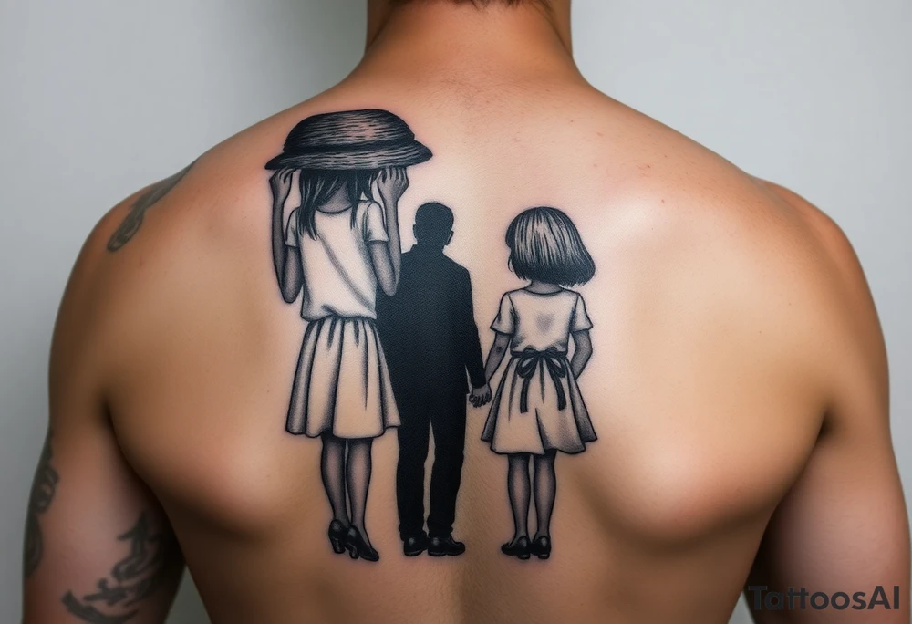2 daughters and father in as a shadow tattoo idea