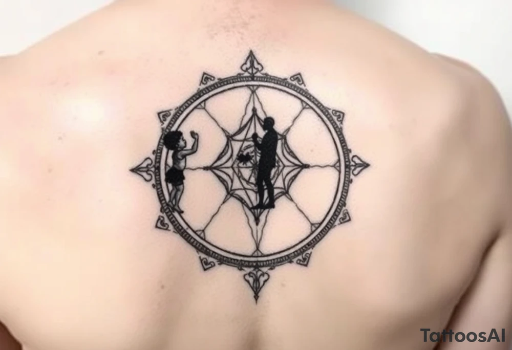 Abstract geometric mirror tattoo design, broken/cracked ornate mirror frame, dual reflection showing silhouette of small child reaching upward on one side and strong adult figure on opposite side, black and grey, geometric fragments, sacred geometry elements, upper arm placement, vertical composition, minimalist line work with detailed shading, emotional duality theme tattoo idea