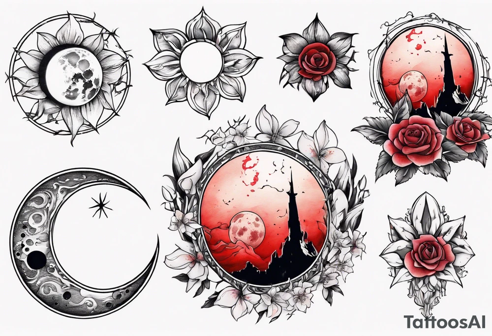 Blood moon with flowers around it tattoo idea
