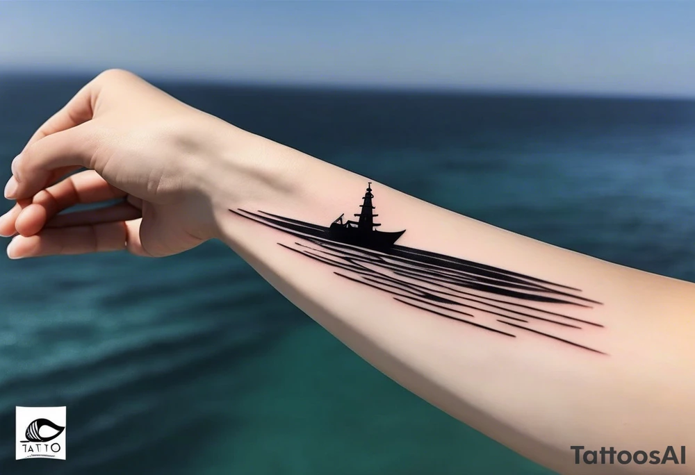 This is an extremely simple and minimalistic tattoo on forearm horizontally. From the perspective of being on the ocean, Water is calm, with no waves in sight, the sun is setting behind the ocean, reflecting light onto the ocean. tattoo idea