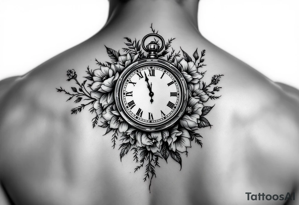 Clock and flowers tattoo idea