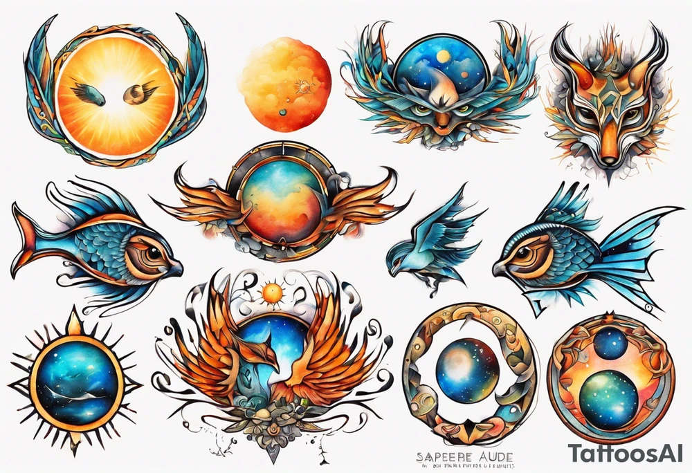 fisch, fuchs und eule , symetrie  sonne, universum, bunt, " sapere aude" tattoo idea