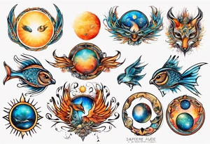fisch, fuchs und eule , symetrie  sonne, universum, bunt, " sapere aude" tattoo idea
