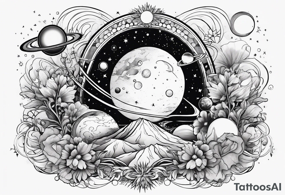 Cosmos with galaxies and planets tattoo idea