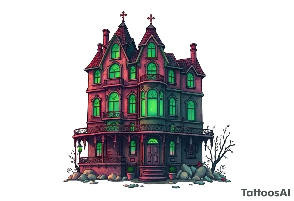 Tim Burton’s hotel from outside viewis abandoned and dripping with muted reds, dusty pinks, and eerie green glow. tattoo idea tattoo idea