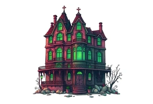 Tim Burton’s hotel from outside viewis abandoned and dripping with muted reds, dusty pinks, and eerie green glow. tattoo idea tattoo idea