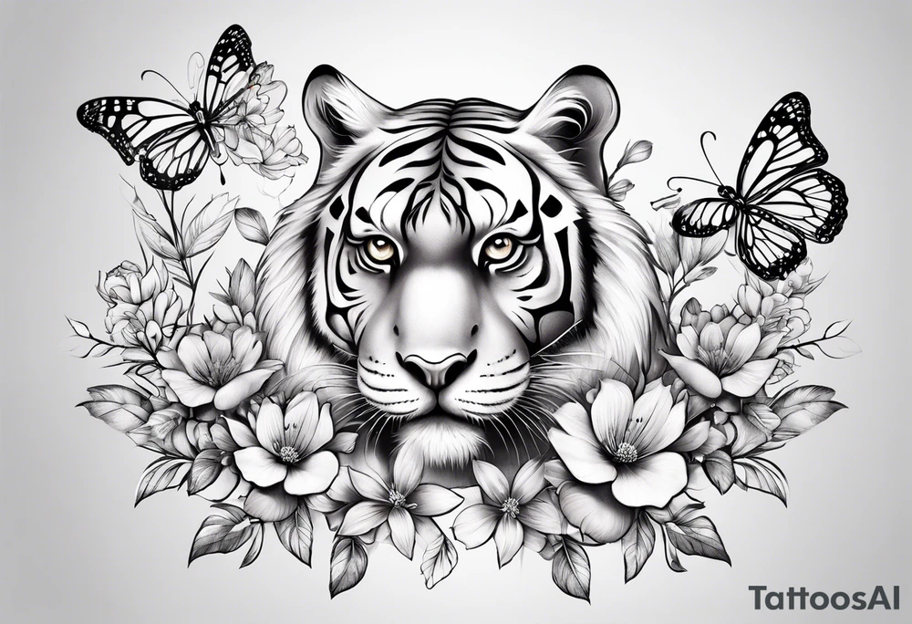 tiger, 3 butterflies, flowers for ladies thigh / hip shaded tattoo idea