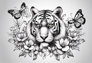 tiger, 3 butterflies, flowers for ladies thigh / hip shaded tattoo idea