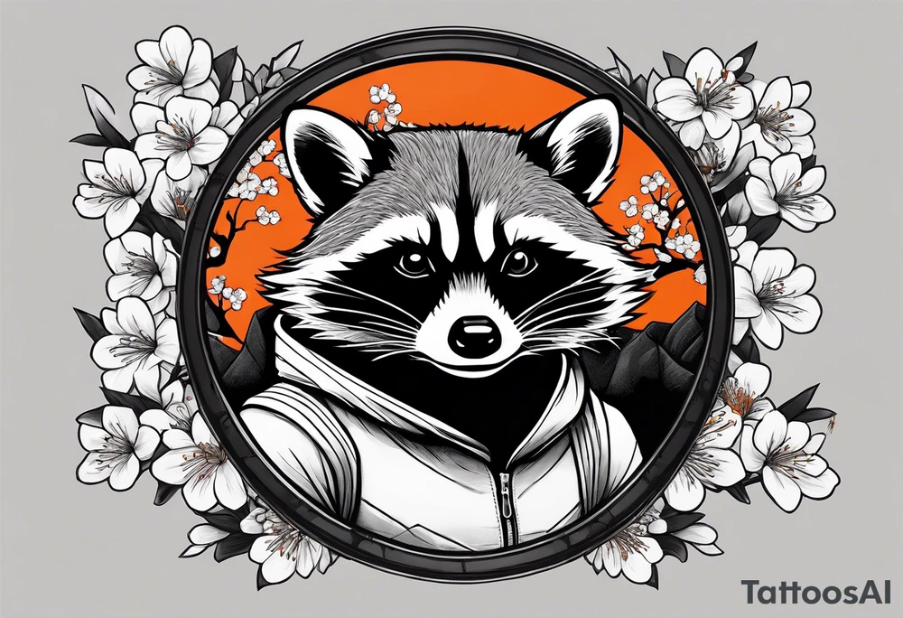 Raccoon wearing a white Superman logo on a black hoodie and orange Japanese cherry blossoms beside tattoo idea
