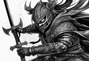 Angry robot demon ninja with demon mask with huge sword fighting in war tattoo idea