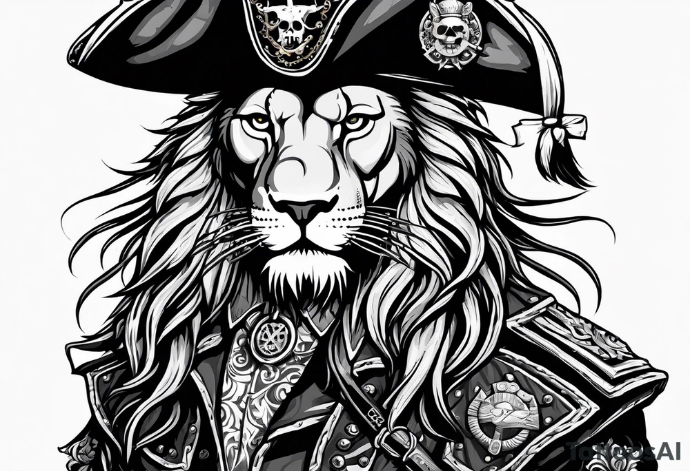 Pirate lion wearing jacket, sword and pistol, nautical steampunk theme. dreadlocks. tattoo idea