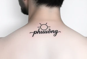 Word "phuong" written with sun inner arm tattoo idea