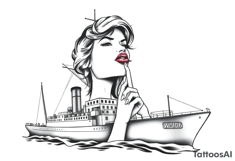 representation of war propaganda: Loose lips sink ships. Must include ship and a sexualised woman with her finger to her lips tattoo idea