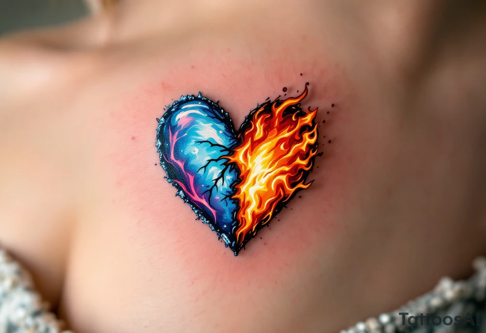 A half-frozen, half-burning heart, symbolizing the contrast between love’s warmth and heartbreak’s coldness. tattoo idea