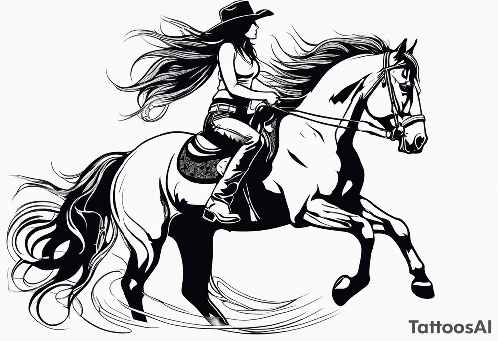 cowgirl with long hair on the back of stallion that is rearing up on hind legs tattoo idea