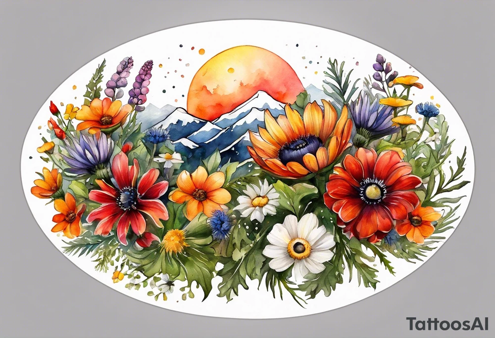 sideways oval of wildflowers cascading with thistles, ferns, white anemones, sun flowers, red flowers, black flowers, buttercups, orange flowers, babys breath and daisies all in watercolor tattoo idea