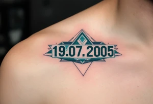 Geometric date 19.07.2005 in dark teal ink, with triangles and lines subtly framing the digits. tattoo idea