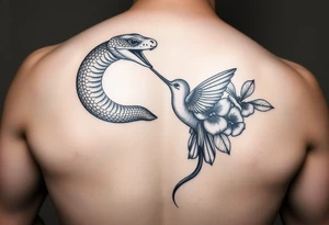 powerful beautiful hissing snake holds hummingbird with flowers tattoo idea