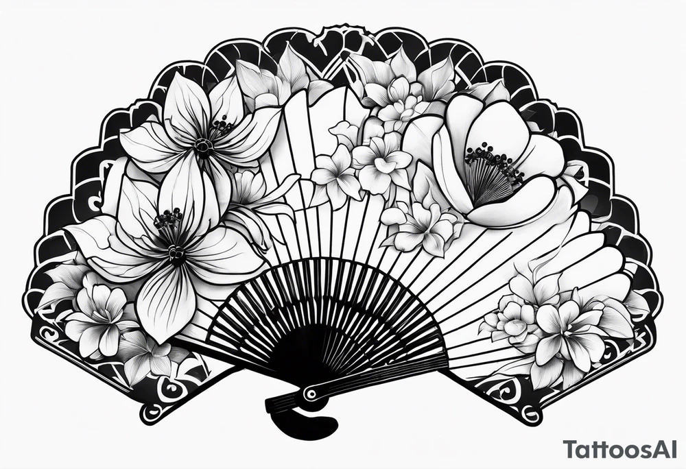 All Black Japanese fan with flowers tattoo idea