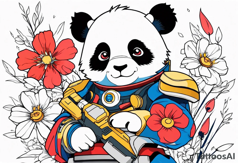 Panda SD gundam, surrounded by flowers half sleeve tattoo idea