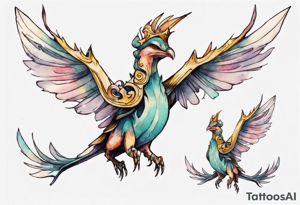 a bird-wyvern hybrid wearing a minimalist crown, flying tattoo idea