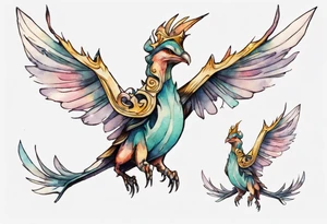 a bird-wyvern hybrid wearing a minimalist crown, flying tattoo idea