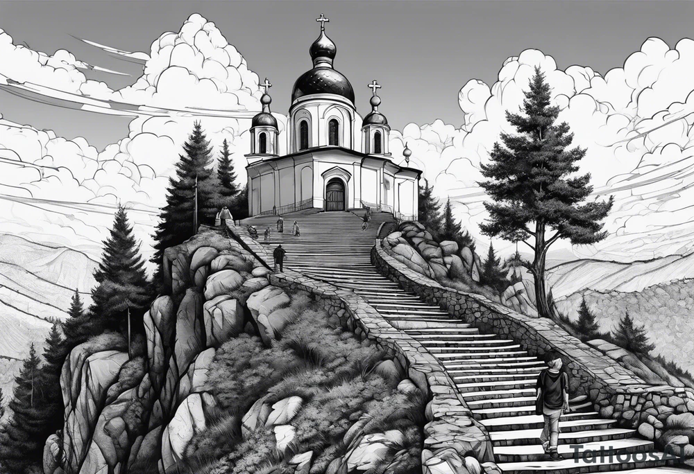 father mother and 2 kids walking up on stairs on the hill and on the top of the hill is Ostrog church build in the rock tattoo idea