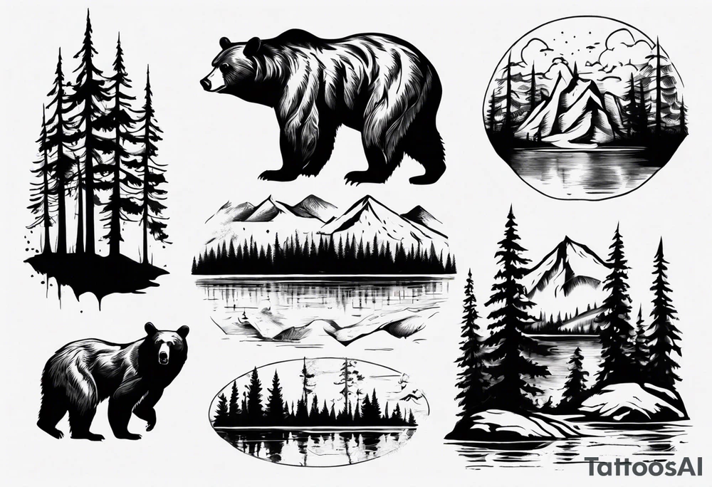 bear, forest, lake, appalachia, arm sleeve tattoo tattoo idea