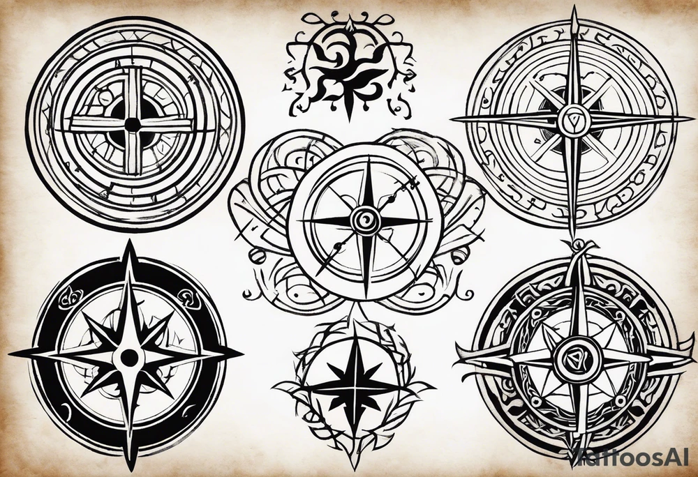 Nordic and viking tribal art and marks with a viking compass but still representing strength, honor and good virtue as well as an emphasis on family, a soul mate partner and pagan virtues tattoo idea