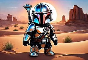 Baby Grogu wearing black mandalorian armor,  with a white lightsaber in the desert tattoo idea