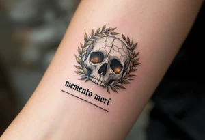 A cracked, stone-colored human skull with golden Roman laurel leaves and "memento mori" in weathered Latin lettering. tattoo idea
