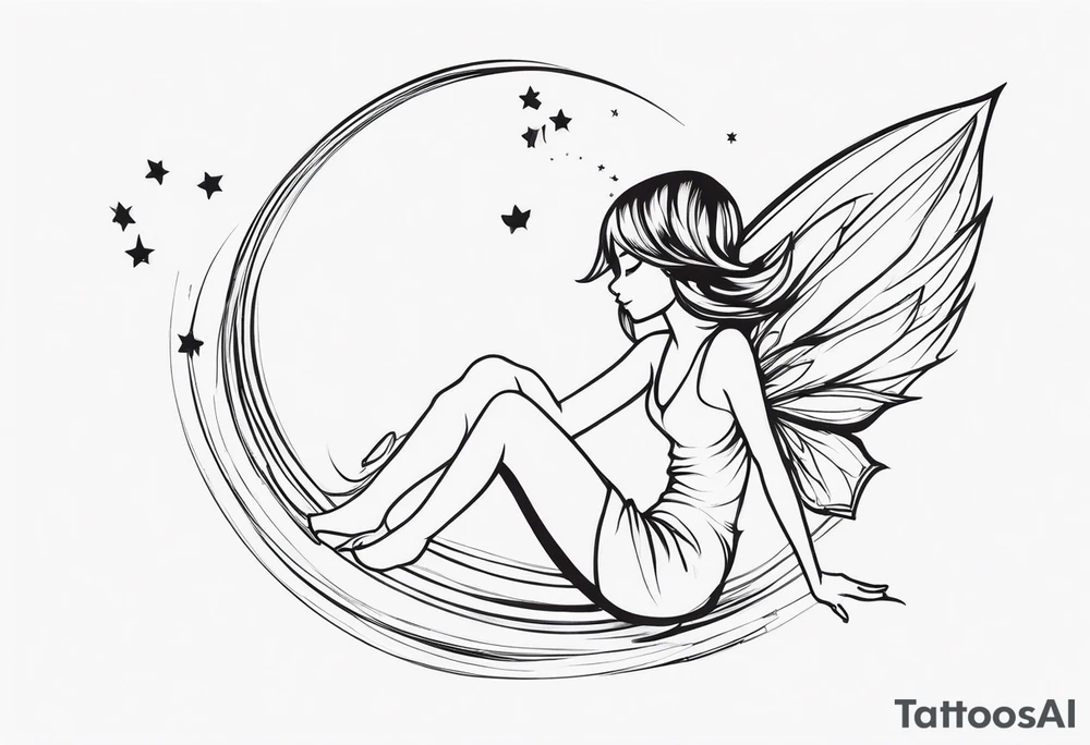 Minimalistic, monochromatic fairy with a tail flying to the left in a fetal position, leaning and looking in the same direction, with visible hands, embodying the 'Fairy Tail' logo aesthetic. tattoo idea